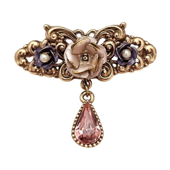1928 Brand Rose Bar Brooch Faux Pearl Victorian Style Pink Pear Dangle Pin C903 - Picture 2 of 7